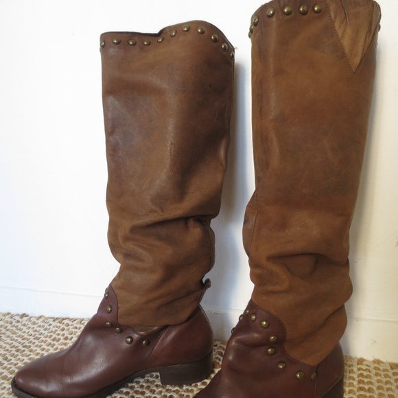 Tall Western Slouchy Leather Boots Sz 7.5  Studded Brown - Picture 9 of 9